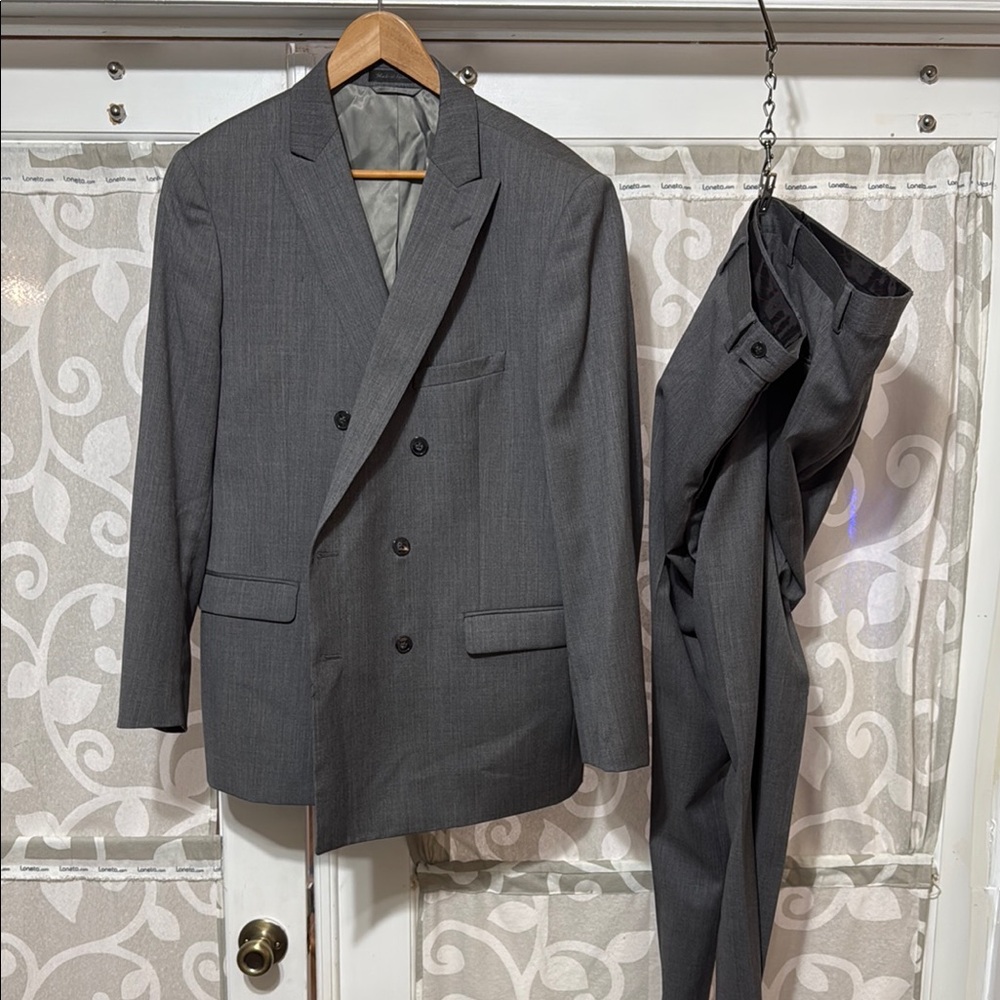 Calvin Klein Gray Suit with Double Breasted Blazer and Straight Leg Trousers